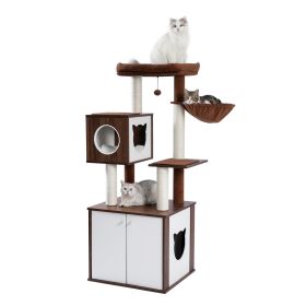 (Do Not Sell on Amazon) All-in-One Multi-Functional Cat Tree Modern Wood Cat Tower with Cat Washroom Litter Box House, Cat Condo, Top Perch, Large Ham (Color: as pic)